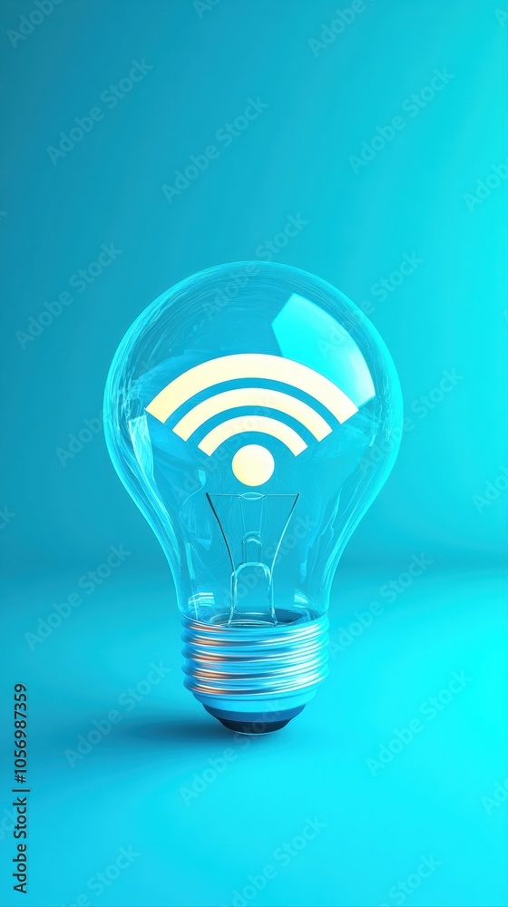 3d bright glowing white Wifi symbol inside light bulb, blue glass background 3d bright glowing white Wifi symbol inside light bulb, blue glass background