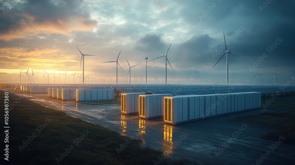 Naklejka premium Renewable energy landscape with wind turbines and solar panels.