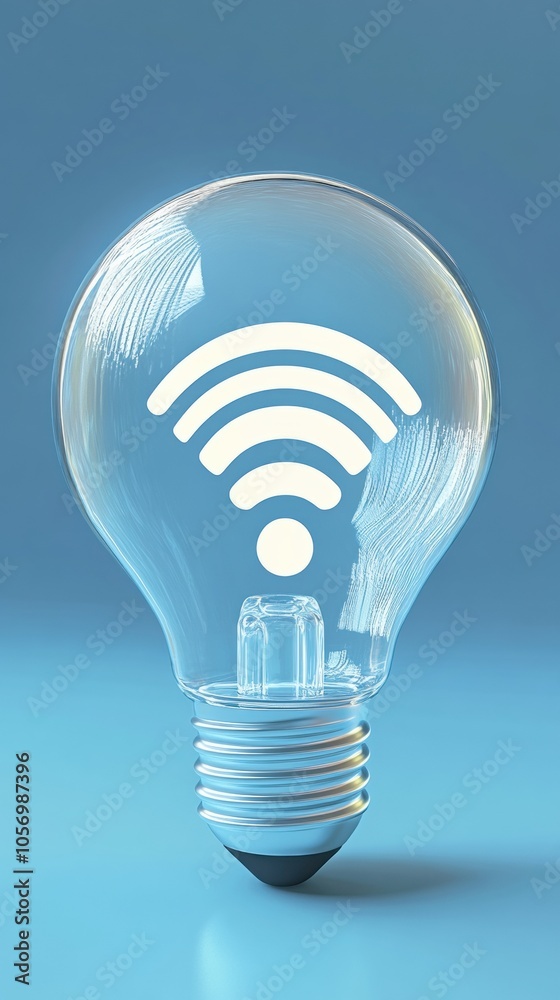 3d bright glowing white Wifi symbol inside light bulb, blue glass background 3d bright glowing white Wifi symbol inside light bulb, blue glass background