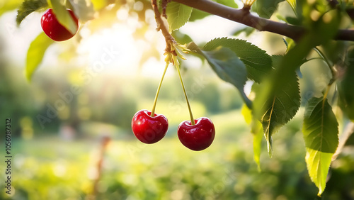Red cherries on the tree in the farm with blue sky with background. natural light.