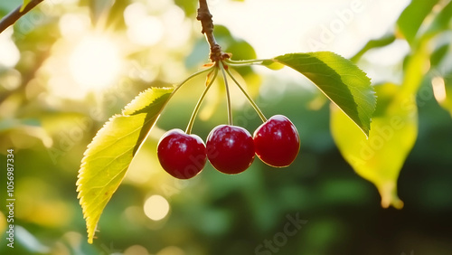 Red cherries on the tree in the farm with blue sky with background. natural light. photo