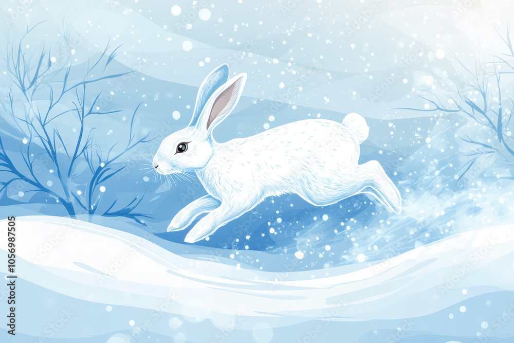 Obraz premium Winter wonderland hare leaping through snowy forest scene
