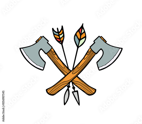 Vector emblem with hand drawn crossed axes and tribal arrows. Heavy contour, graphic style. Beautiful ethnic or backwoods lifestyle design elements