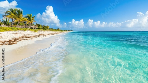 Crystal clear waves meeting soft white sand, with a backdrop of turquoise waters