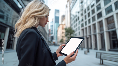 Elegant Blonde Woman Using Digital Tablet in Modern City Skyscraper Corridor