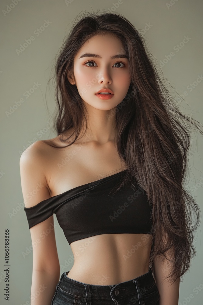Beautiful woman, wearing a black one-shoulder top and tight jeans, with a body shape very long hair, slim waist, happy face, standing pose, side view Beautiful woman, wearing a black one-shoulder top and tight jeans, with a body shape very long hair, slim waist, happy face, standing pose, side view