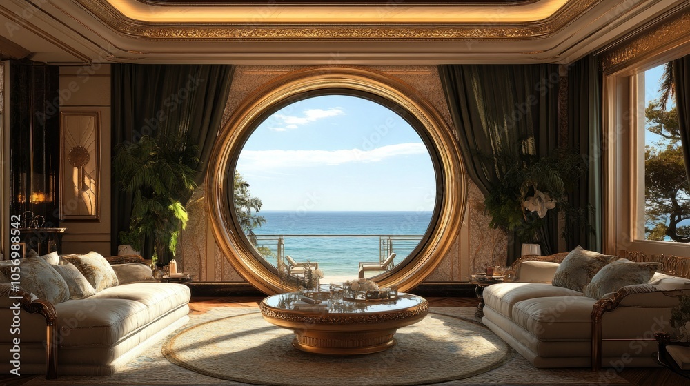 Fototapeta premium Elegant living room with circular window, providing an open view of the ocean