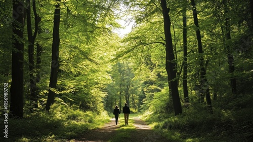 Two People Walking Through a Lush Forest
