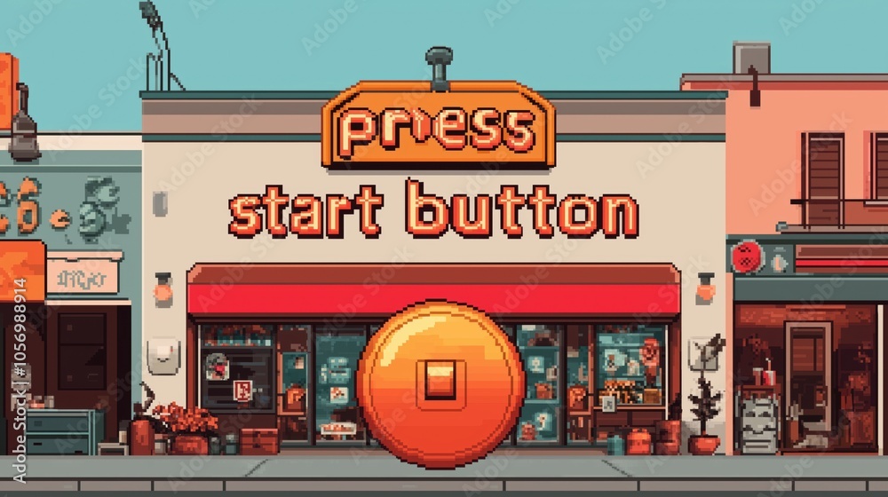 Retro pixel art illustration of a storefront with a large start button and sign saying press start button, colorful and detailed vintage gaming style Retro pixel art illustration of a storefront with a large start button and sign saying press start button, colorful and detailed vintage gaming style