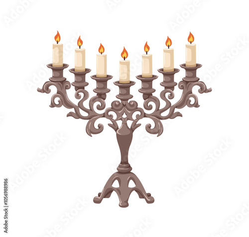 Vintage candelabrum with multiple candleholders. Candles, lighting decoration, ornate metal candlesticks, holders, candelabra in classic design. Flat vector illustration isolated on white background