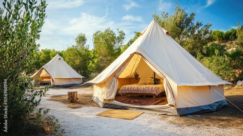 Glamping site with canvas tents in scenic wilderness, perfect for luxurious outdoor stay