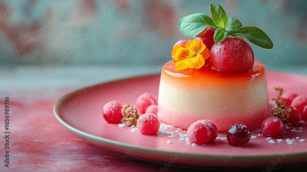 Elegant panna cotta dessert with berry and floral garnish on pink plate Elegant panna cotta dessert with berry and floral garnish on pink plate