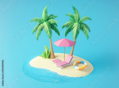 Isometric view of a small tropical island with two palm treesa beach umbrellaand a swimming ring on the sand A pink chair is under one of the trees photo