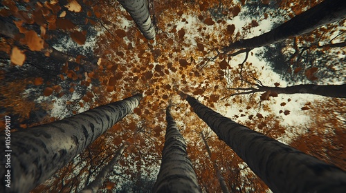 Upward View of Birch Trees with Autumn Leaves Falling photo