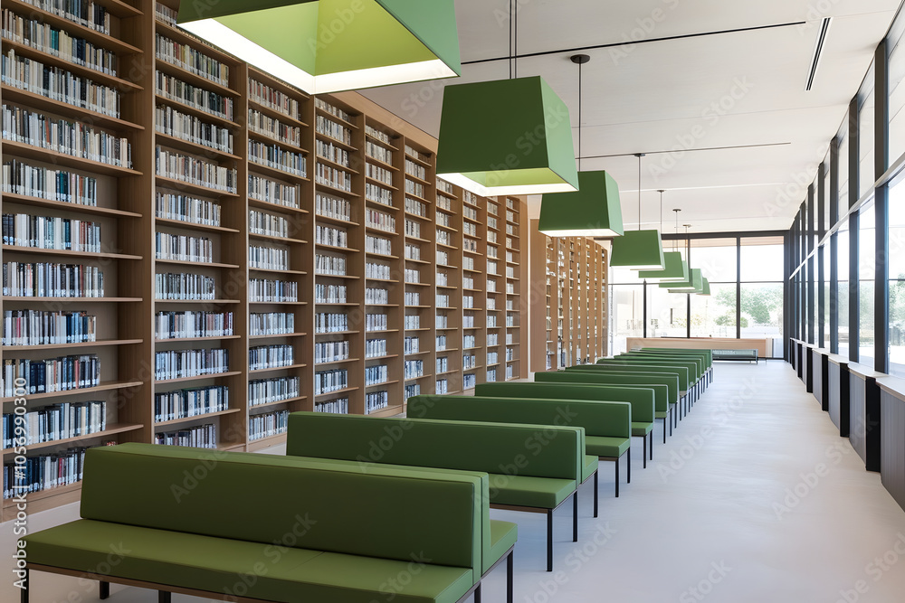 Contemporary library interior design featuring a plain, unadorned wall template. 3D render. Contemporary library interior design featuring a plain, unadorned wall template. 3D render.