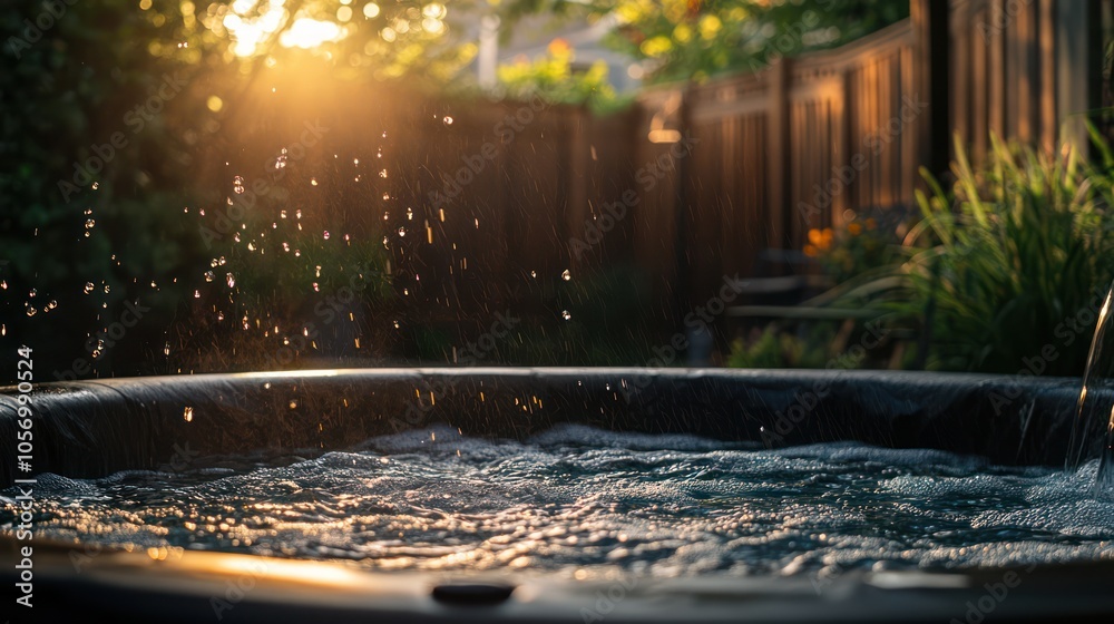A tranquil hot tub scene with sunlight and water droplets in a serene backyard setting. A tranquil hot tub scene with sunlight and water droplets in a serene backyard setting.