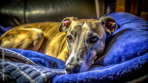 Adorable Greyhound Relaxing on Cozy Bed in Macro Photography