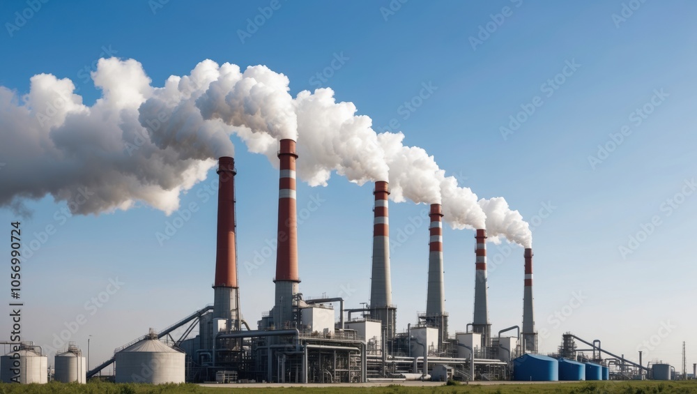 Industrial smokestacks releasing steam, fuel processing plant, clean atmosphere