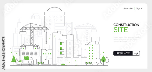 Construction site - modern thin line design style vector banner on white urban background. Composition with unfinished city buildings with cranes, trucks and street panorama. Builders at work
