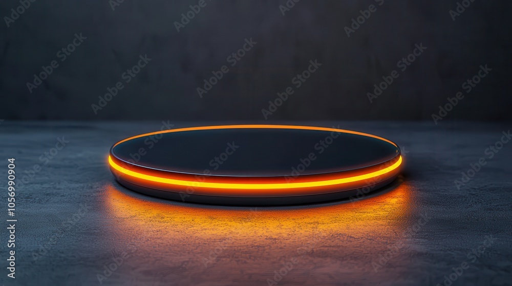 A sleek, illuminated round display platform with a glowing orange edge, set against a dark textured background. A sleek, illuminated round display platform with a glowing orange edge, set against a dark textured background.