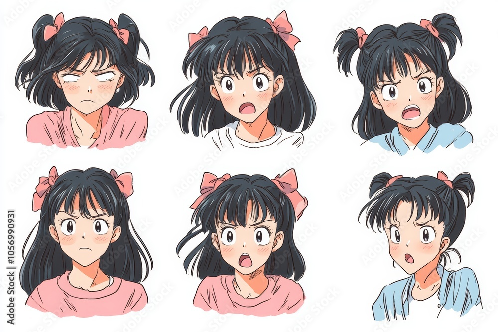 80s-style anime girl icons with various emotions