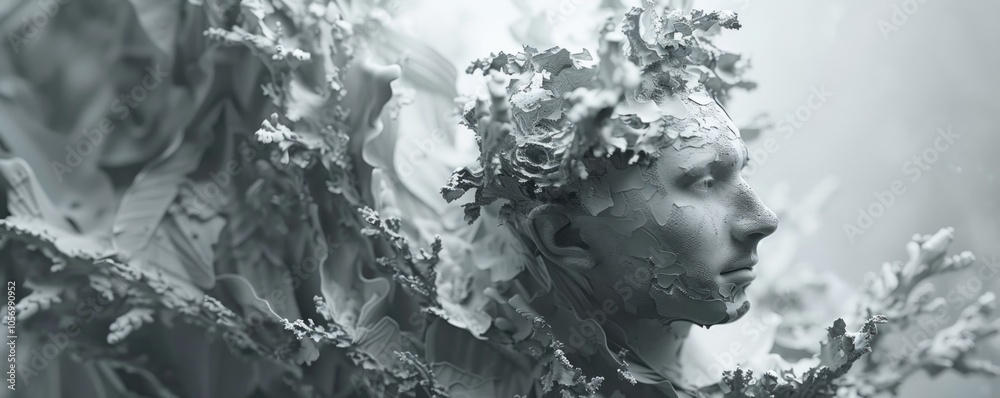 Abstract Monochrome Portrait of a Man Emerging from Nature, Symbolic of Growth and Transformation, Featuring Guided Progress Through Upward Drawing, Steady Movement and a Sense of Tranquility