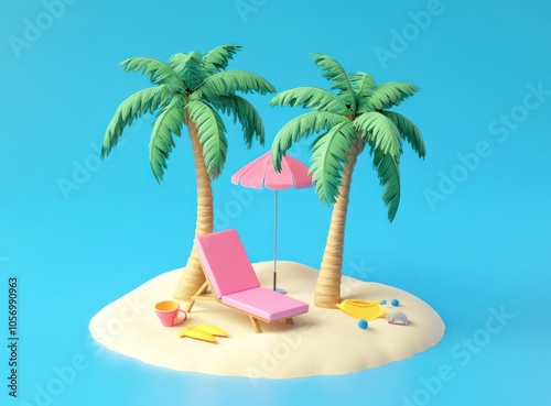 Isometric view of two palm trees on an island with beach accessoriesa pink lounge chairand an umbrella in the sand Simple designcute style3D rendersimple blue background photo