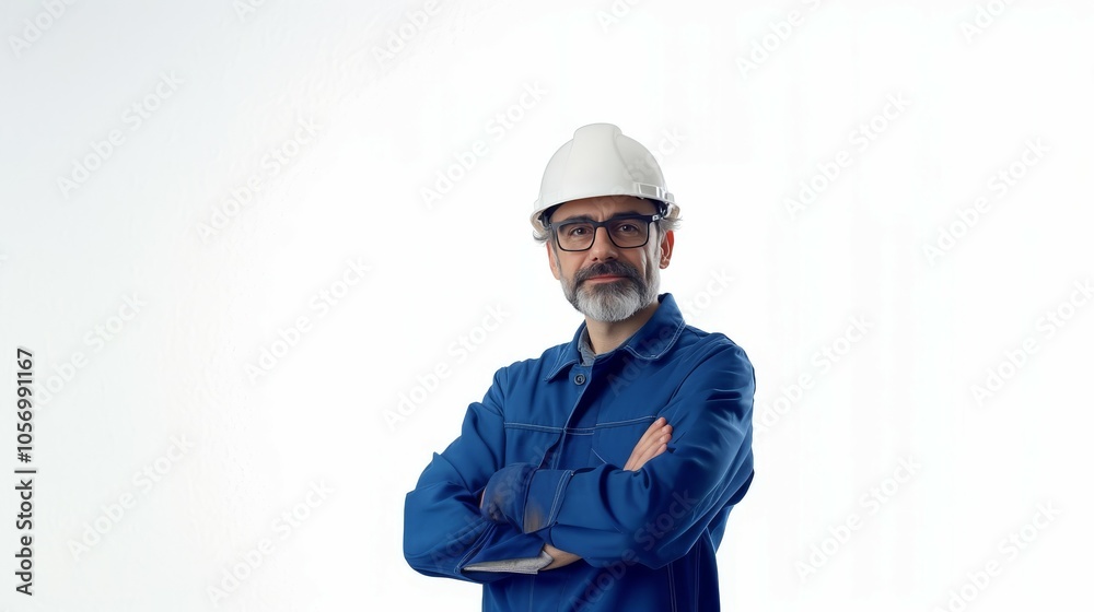 A confident male engineer, arms crossed, wearing blue workwear and a white safety helmet on a white background A confident male engineer, arms crossed, wearing blue workwear and a white safety helmet on a white background