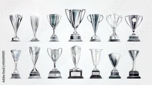 Professional vector set of glass and metal trophies, polished design on white