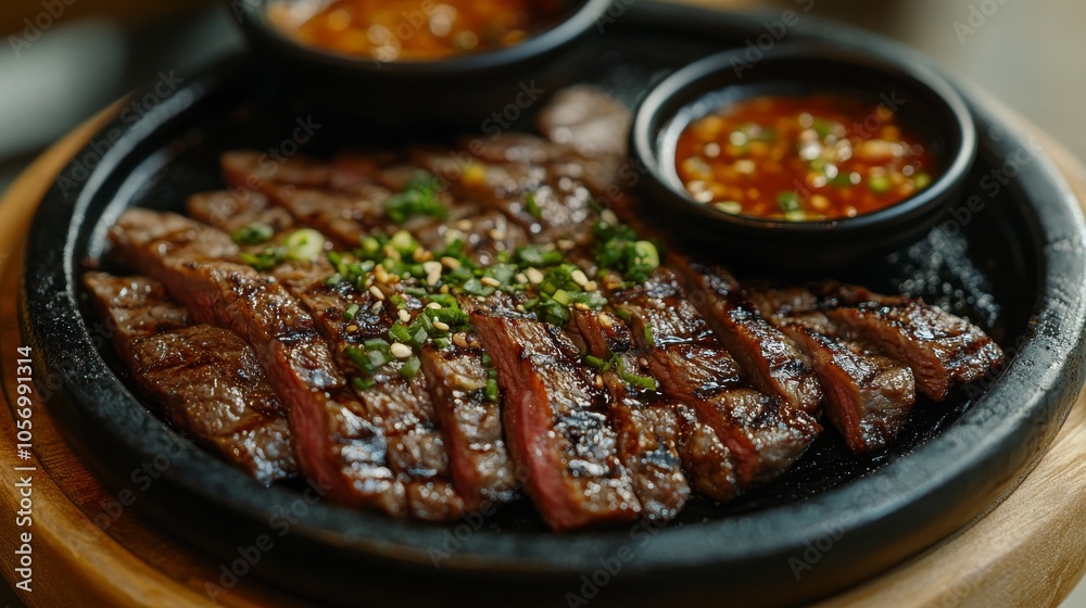 Grilled Beef Slices with Green Onions and Sesame Seeds on a Black Plate Grilled Beef Slices with Green Onions and Sesame Seeds on a Black Plate