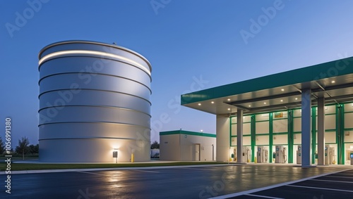 Sleek fuel storage facility, modern architecture, high-tech processing