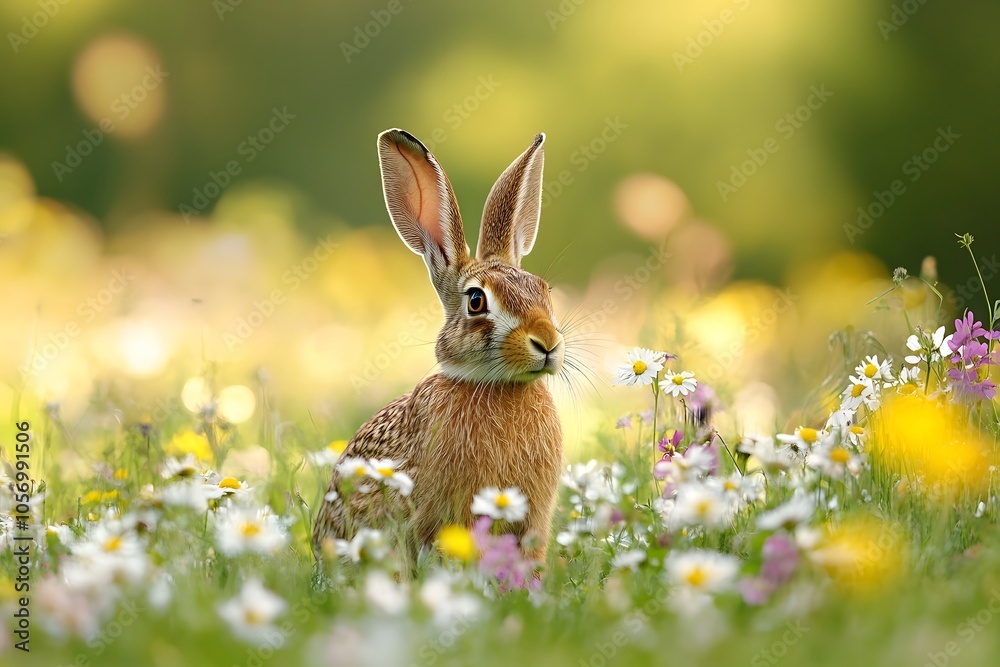 Obraz premium A Curious Rabbit in a Field of Daisies