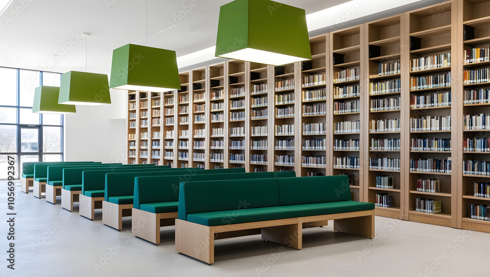 Contemporary library interior design featuring a plain, unadorned wall template. 3D render.