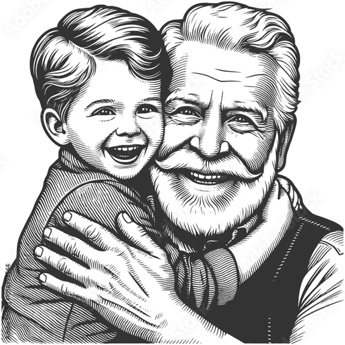 joyful grandfather holding his grandson, showcasing love, warmth, and family bonding in a nostalgic style sketch engraving generative ai vector illustration. Black and white image.