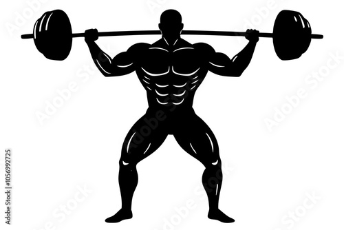 Silhouette of a muscular man lifting a heavy barbell in a power stance, with defined arm and leg positioning.