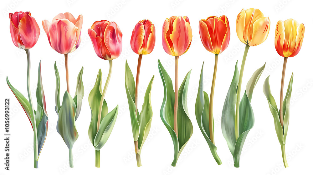 Set of beautiful red and orange spring tulips on white background. Botanical vintage watercolor illustration. Spring composition for greeting cards, holidays Set of beautiful red and orange spring tulips on white background. Botanical vintage watercolor illustration. Spring composition for greeting cards, holidays