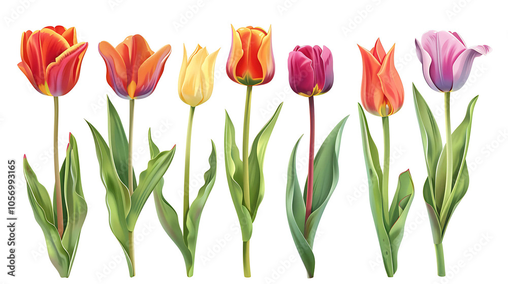 Set of beautiful red and orange spring tulips on white background. Botanical vintage watercolor illustration. Spring composition for greeting cards, holidays Set of beautiful red and orange spring tulips on white background. Botanical vintage watercolor illustration. Spring composition for greeting cards, holidays