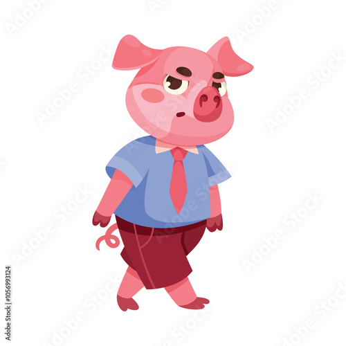 Pink Piglet Character with Hoof Walk in Shirt Vector Illustration