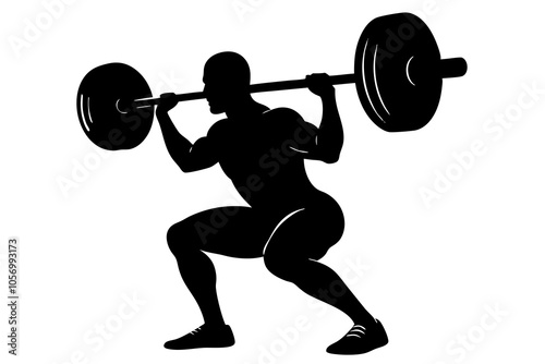 Silhouette of a muscular man lifting a heavy barbell in a power stance, with defined arm and leg positioning.