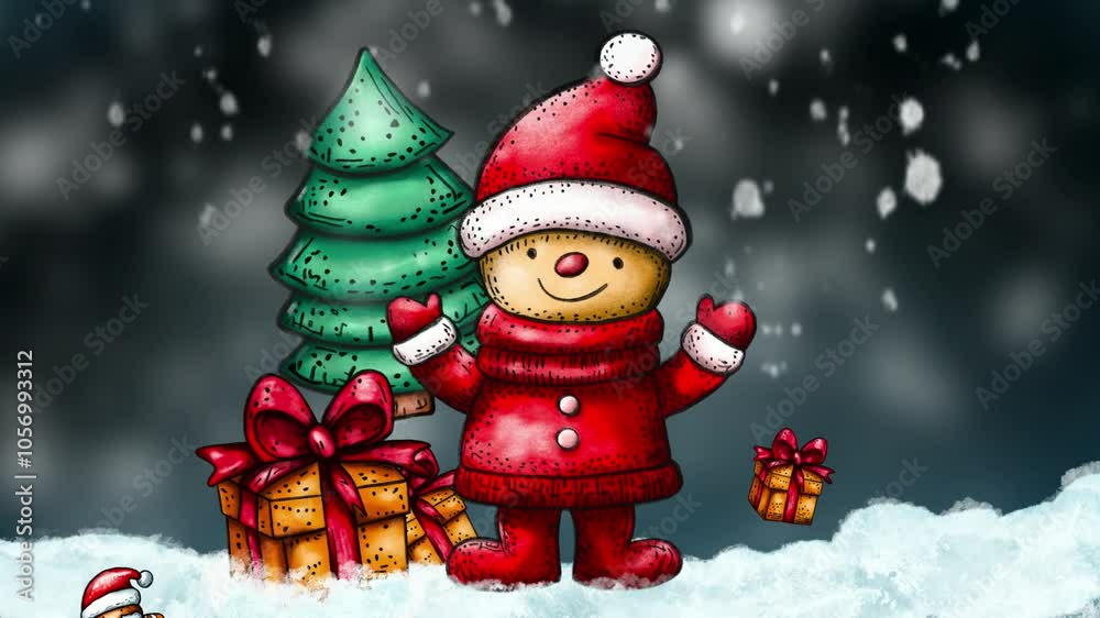 Animated Christmas snowman with gifts and tree in a festive snowy winter scene, perfect for holiday greetings