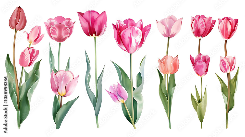Set of beautiful red and purple spring tulips on white background. Botanical vintage watercolor illustration. Spring composition for greeting cards, holidays Set of beautiful red and purple spring tulips on white background. Botanical vintage watercolor illustration. Spring composition for greeting cards, holidays