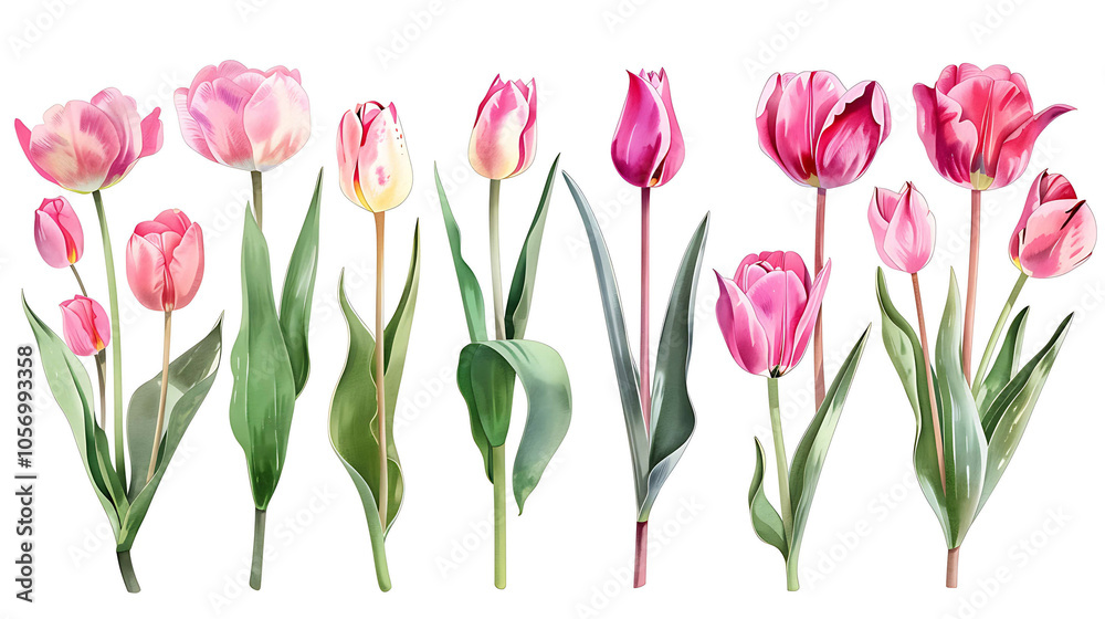 Set of beautiful red and purple spring tulips on white background. Botanical vintage watercolor illustration. Spring composition for greeting cards, holidays 