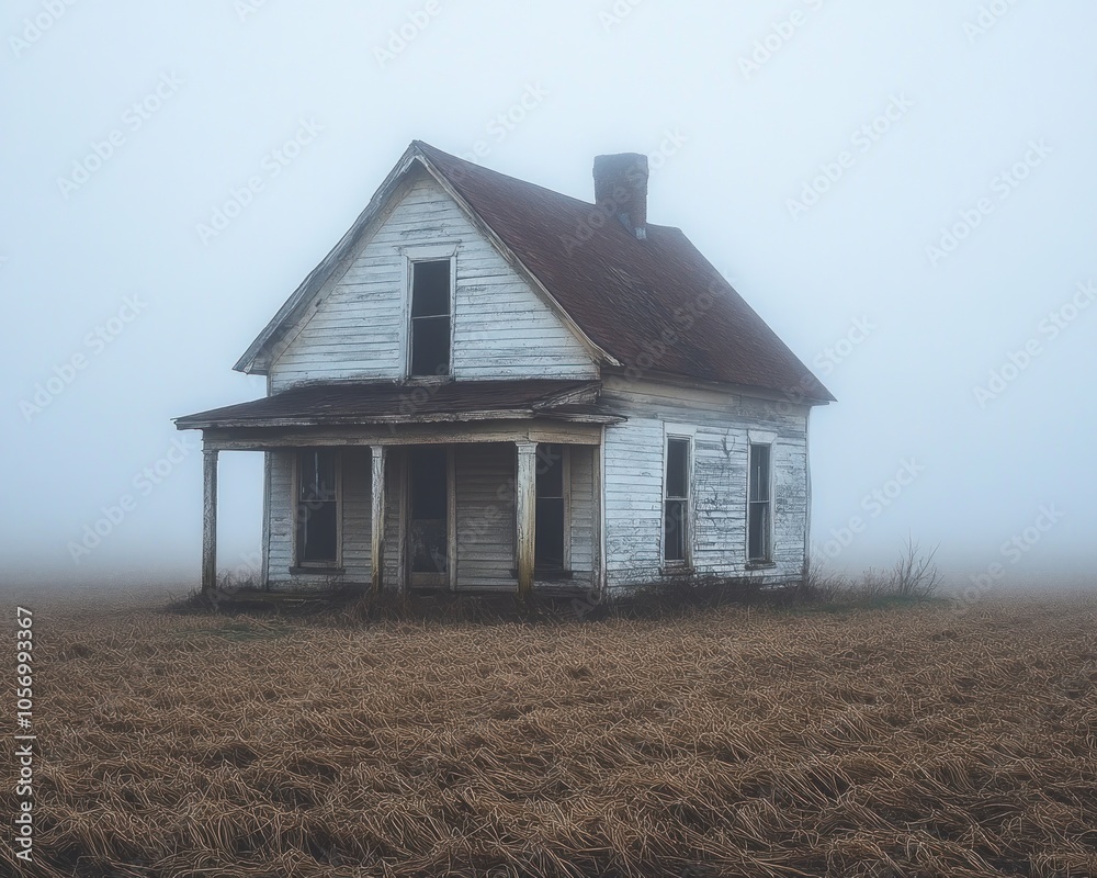 Eerie Fog Envelops Abandoned Farmhouse in Rural Landscape, A Misty Solitude in Nature's Embrace, Forgotten Structures and Decaying Beauty Eerie Fog Envelops Abandoned Farmhouse in Rural Landscape, A Misty Solitude in Nature's Embrace, Forgotten Structures and Decaying Beauty