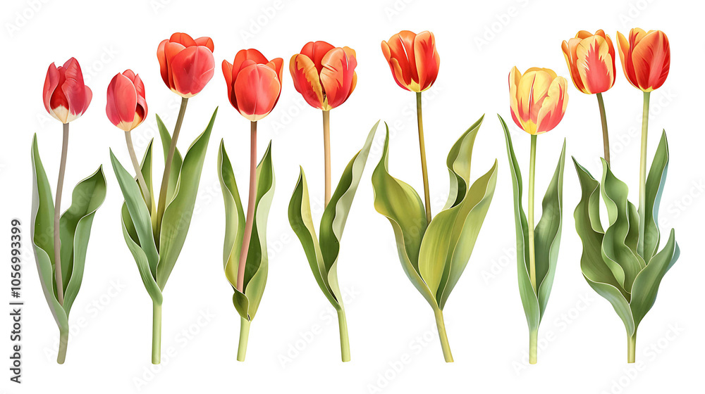 Set of beautiful red and orange spring tulips on white background. Botanical vintage watercolor illustration. Spring composition for greeting cards, holidays Set of beautiful red and orange spring tulips on white background. Botanical vintage watercolor illustration. Spring composition for greeting cards, holidays