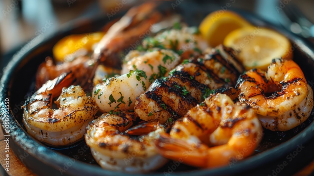 Close-up of Grilled Shrimp and Scallops with Lemon Wedges and Parsley Close-up of Grilled Shrimp and Scallops with Lemon Wedges and Parsley