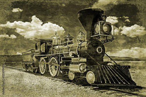 Simulated old photograph of the railway engine that was at the  meeting at the Golden Spike after completion of the American transcontinental railroad 