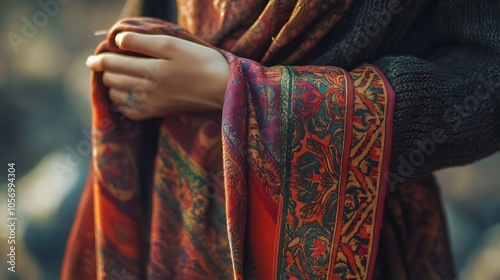 Close up of a woman wearing a colorful shawl in the park photo