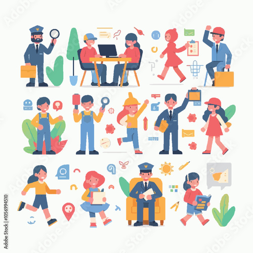 Cartoon vector illustrations of people in various learning activities, such as reading, writing, working with a laptop, and discussing. Each character is surrounded by icons related to the activity,