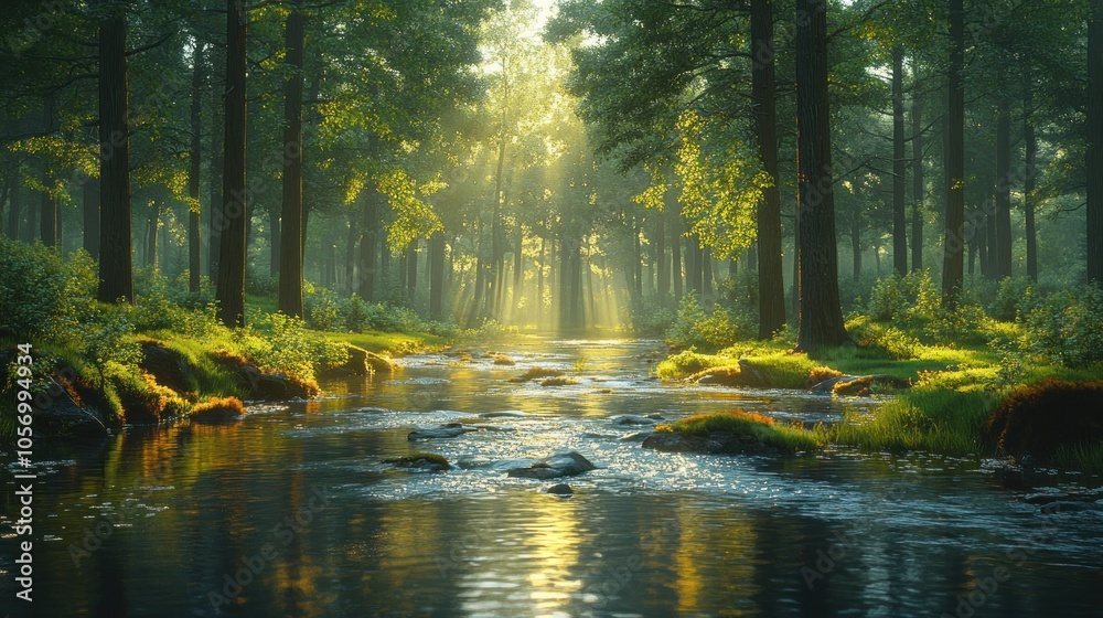 Obraz premium Serene forest scene with sunlight filtering through trees over a stream.