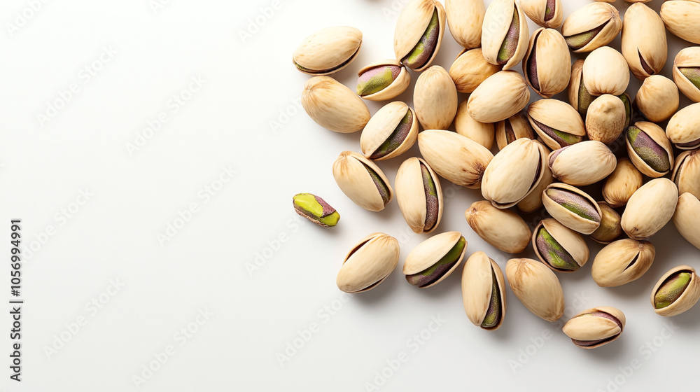 Pile of unshelled pistachios on a white background, showcasing their open shells and green kernels in a close-up view. Pile of unshelled pistachios on a white background, showcasing their open shells and green kernels in a close-up view.